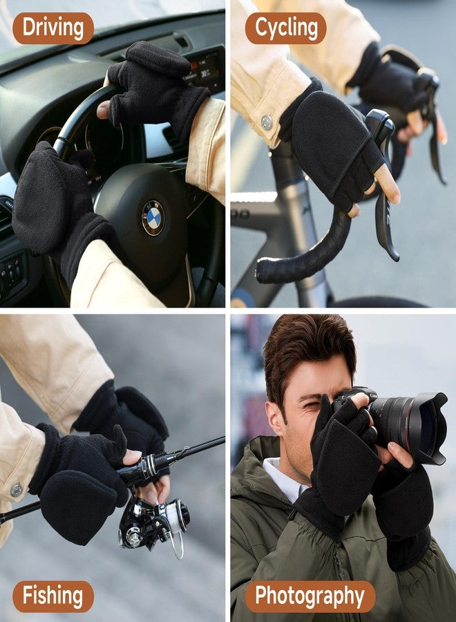 BESSTEVEN Winter Fingerless Gloves for Men Women | Convertible Flip Top Mittens - Thermal Polar Fleece Warm Lightweight for Texting Jogging - Black Medium - Image 5